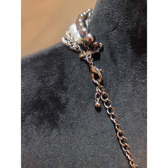 Women's Multi Layer Pearl Beaded Chain Necklace With Silver Flower Pendant - Picture 6 of 6